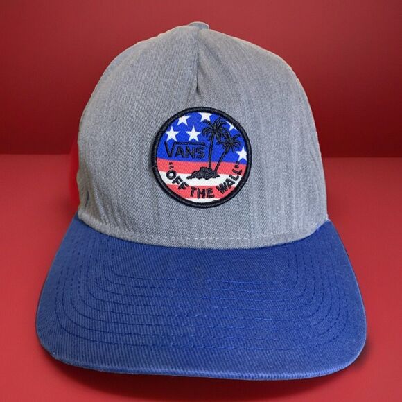 Vans Off The Wall Hat American Flag Patch Palm Tree Gray Blue Snapback Flat Bill - Picture 1 of 7